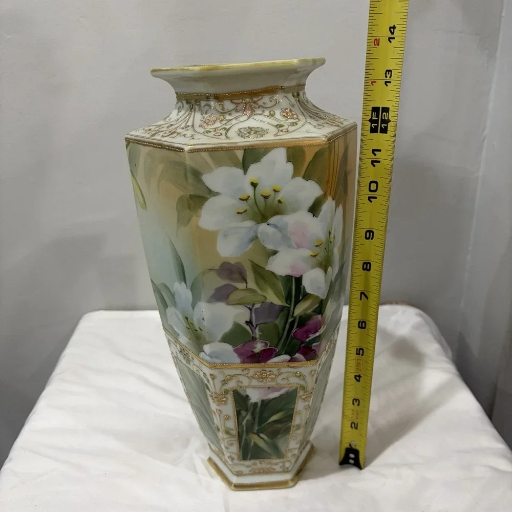 Antique Nippon Hand Painted Floral Moriage Vase White Lillies Gold Gilding 13.5